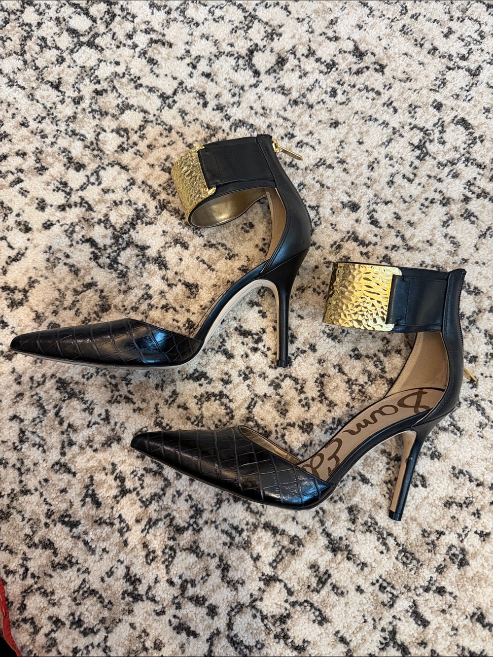 Sam Edelman Black Croc-Embossed Pointed Toe Heels with Gold Textured Ankle Cuff - Picture 2 of 4